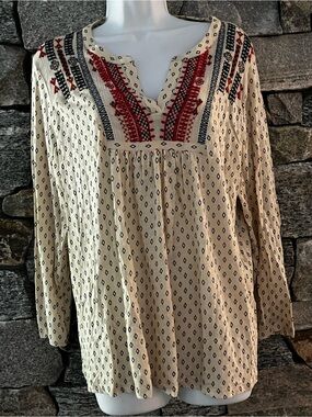Lucky Brand Cream Tunic with Red and Navy Embroidery